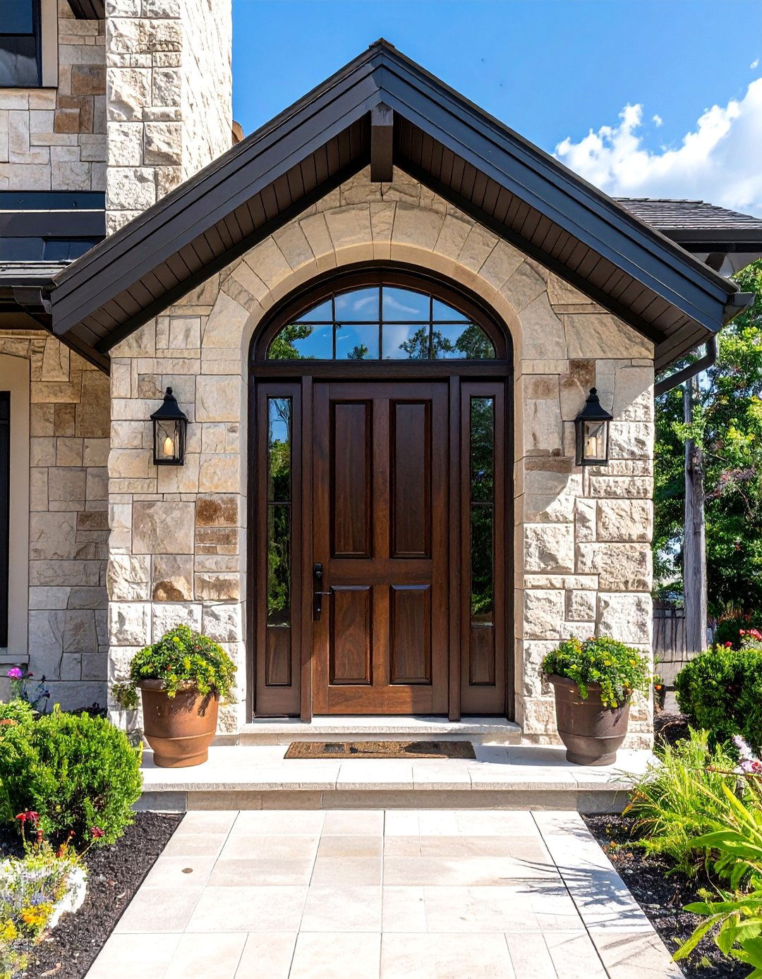 Dark Espresso Stained Front Door with Transom Window - 25 Elegant Stained Front Door Ideas for Curb Appeal