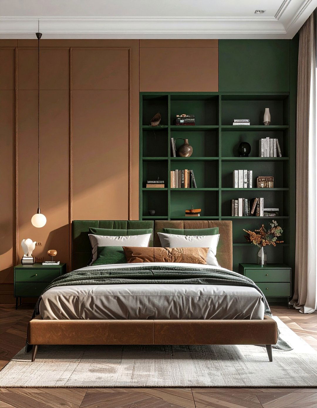Dark Green Built in Shelving Against Brown Walls - 20 Green and Brown Bedroom Ideas for a Natural Look