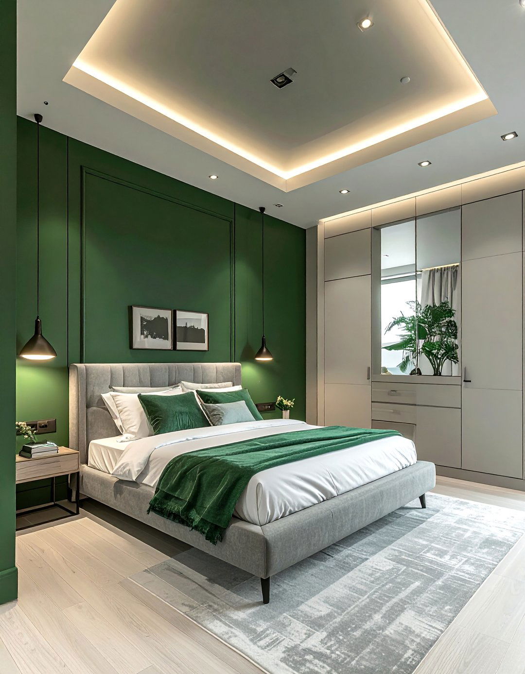 Dark Green Ceiling in a Light Grey Room - 20 Green and Grey Bedroom Ideas for a Serene Retreat