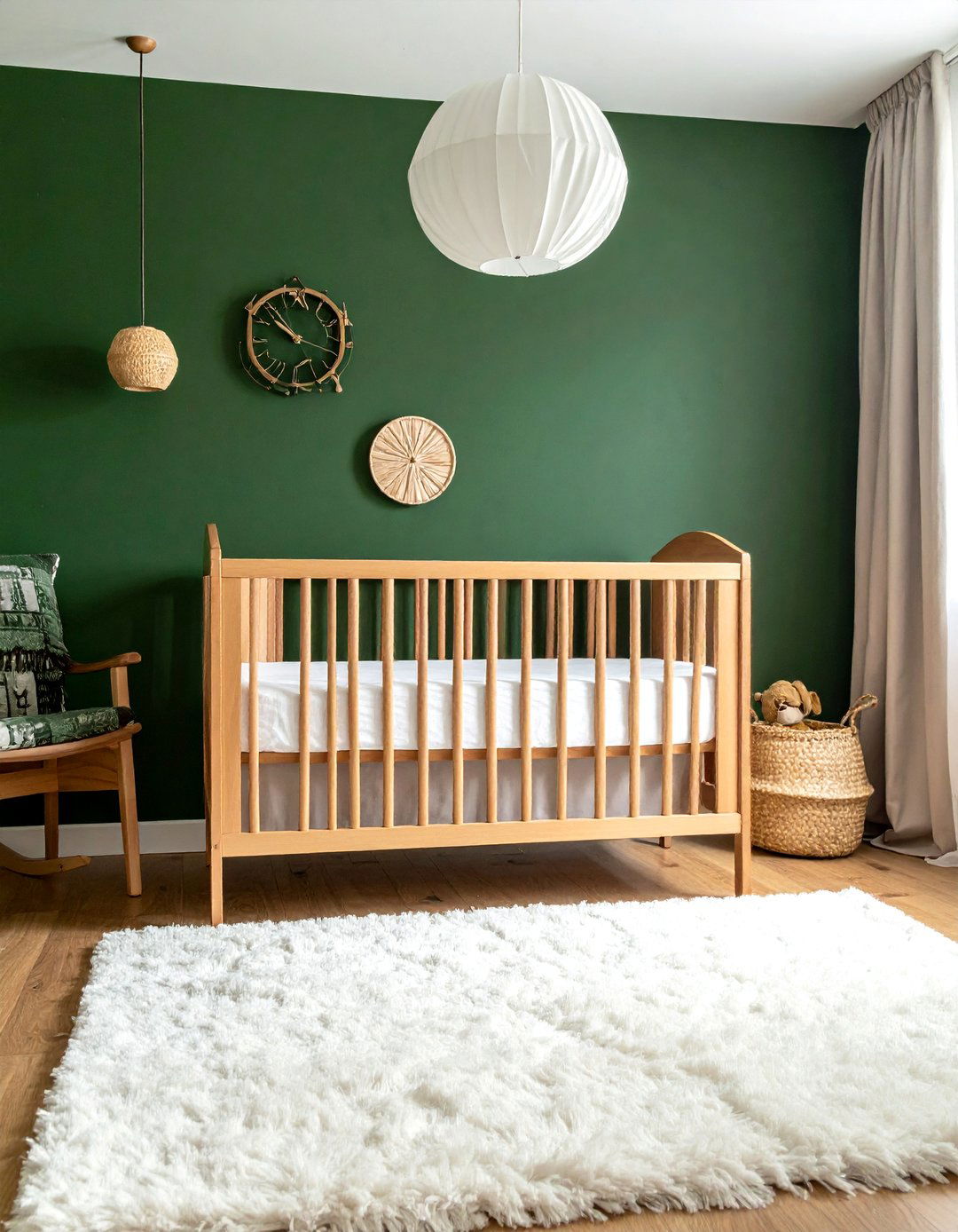 Dark Green Nursery with Light Wood Tones - 25 Green Nursery Ideas for a Calming and Natural Space