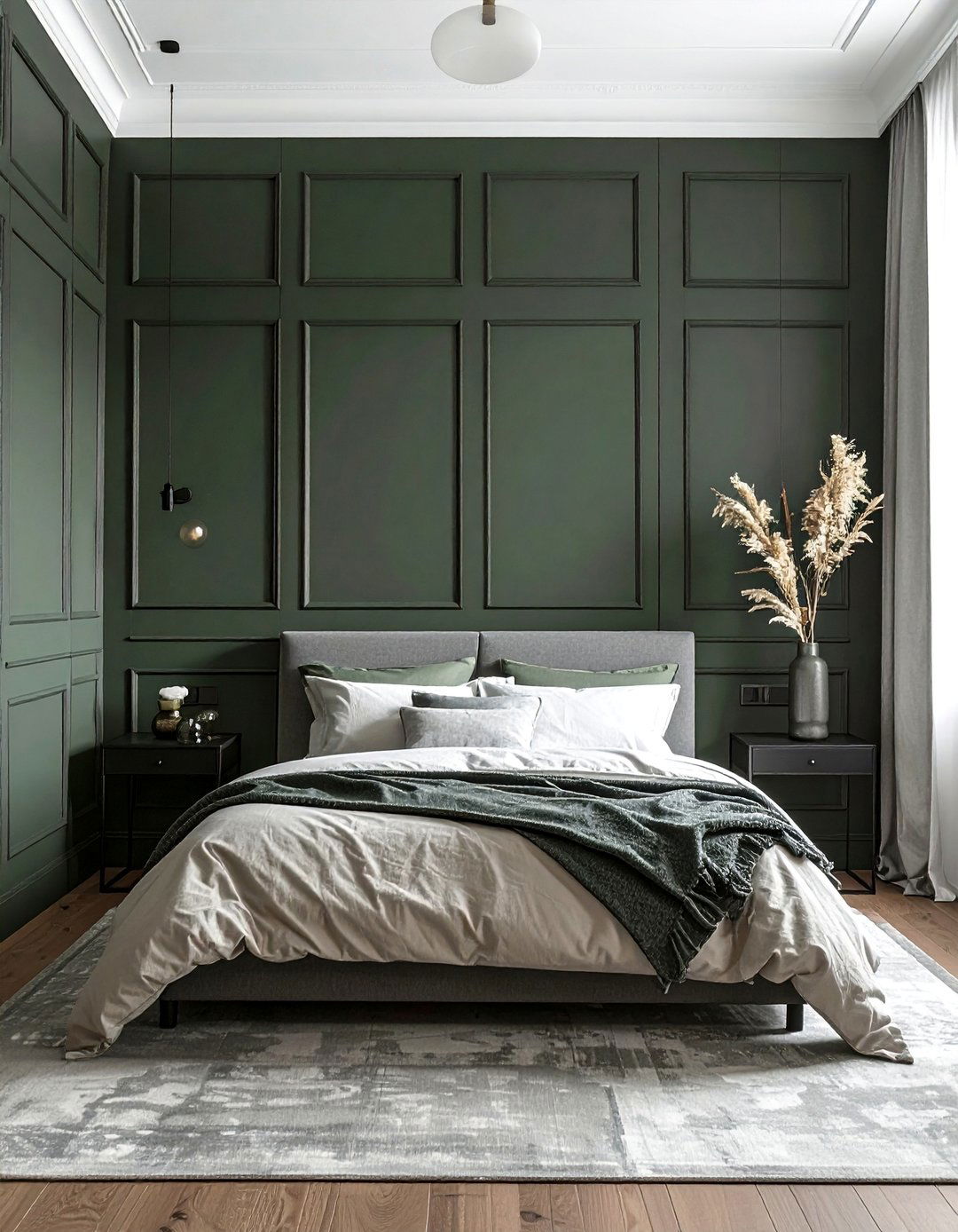 Dark Grey Green Square Panelling - 20 Green Panelling Bedroom Ideas for a Fresh Look