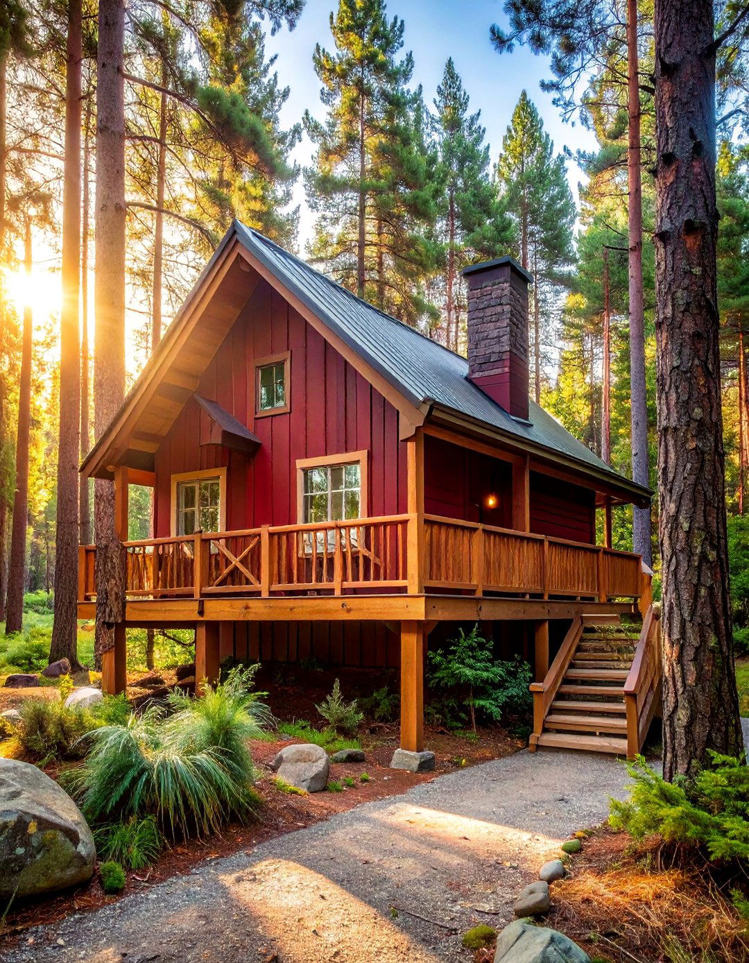 Dark Red Cabin with a Natural Wood Porch - 20 Dark Red House Exterior Ideas for Bold Homes