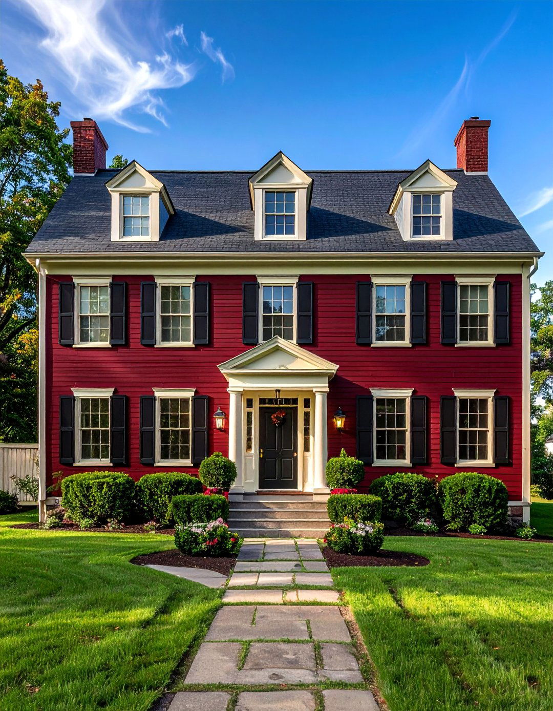 Dark Red Colonial with Creamy White Trim - 20 Dark Red House Exterior Ideas for Bold Homes