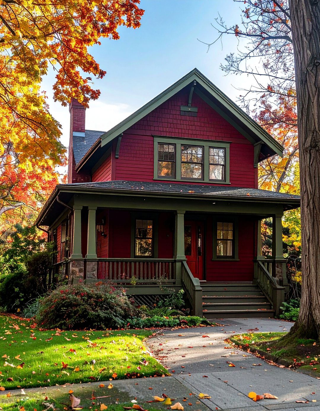 Dark Red Craftsman Bungalow with Earthy Green Trim - 20 Dark Red House Exterior Ideas for Bold Homes