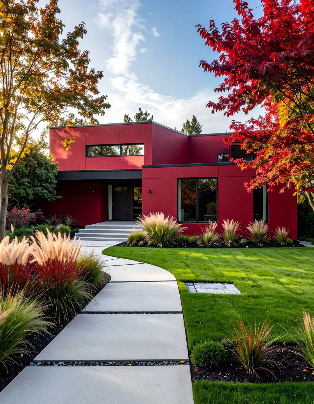 Dark Red Exterior with Minimalist Landscaping - 20 Dark Red House Exterior Ideas for Bold Homes