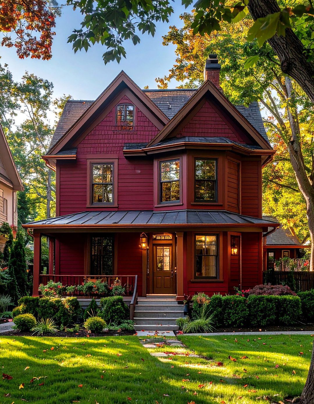 Dark Red House with Bold Copper Gutters and Accents - 20 Dark Red House Exterior Ideas for Bold Homes