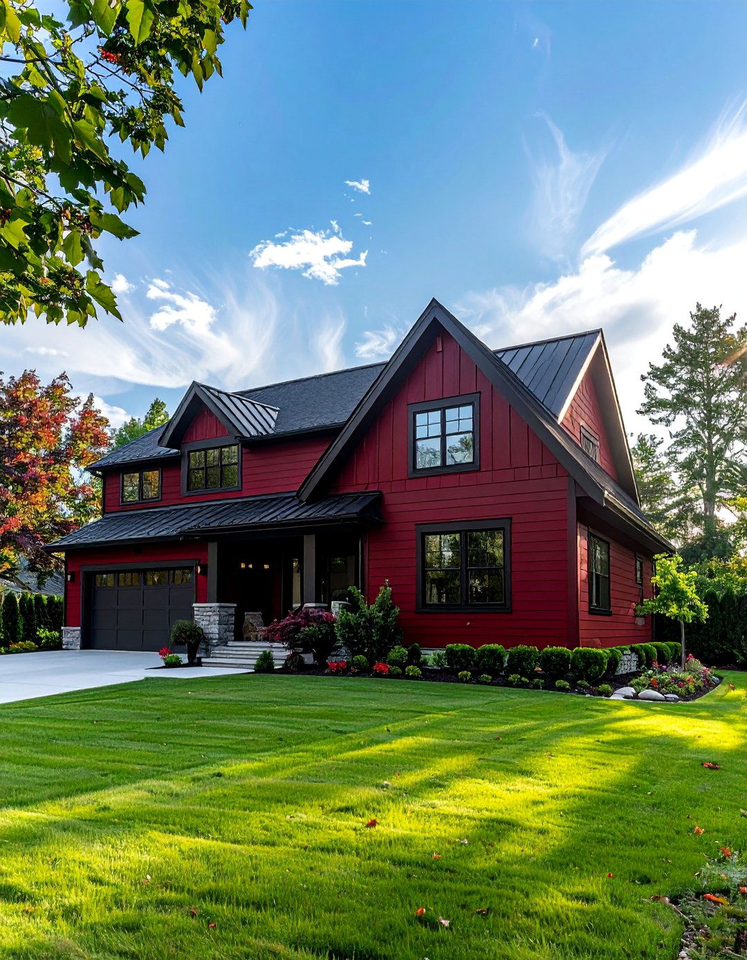 Dark Red House with a Charcoal Gray Metal Roof - 20 Dark Red House Exterior Ideas for Bold Homes