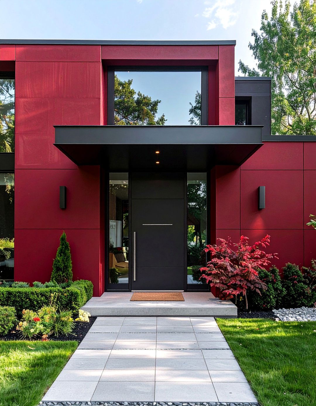 Dark Red House with a Sleek Glass and Steel Entryway - 20 Dark Red House Exterior Ideas for Bold Homes