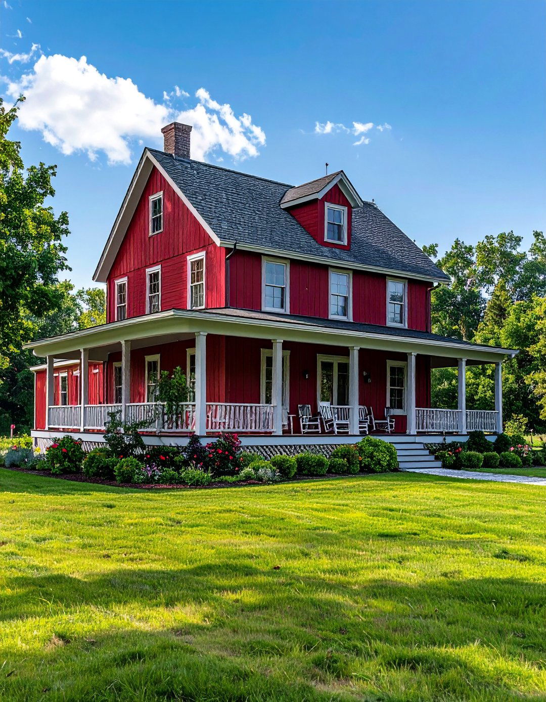 Dark Red House with a Wraparound Veranda in a Lighter Shade - 20 Dark Red House Exterior Ideas for Bold Homes