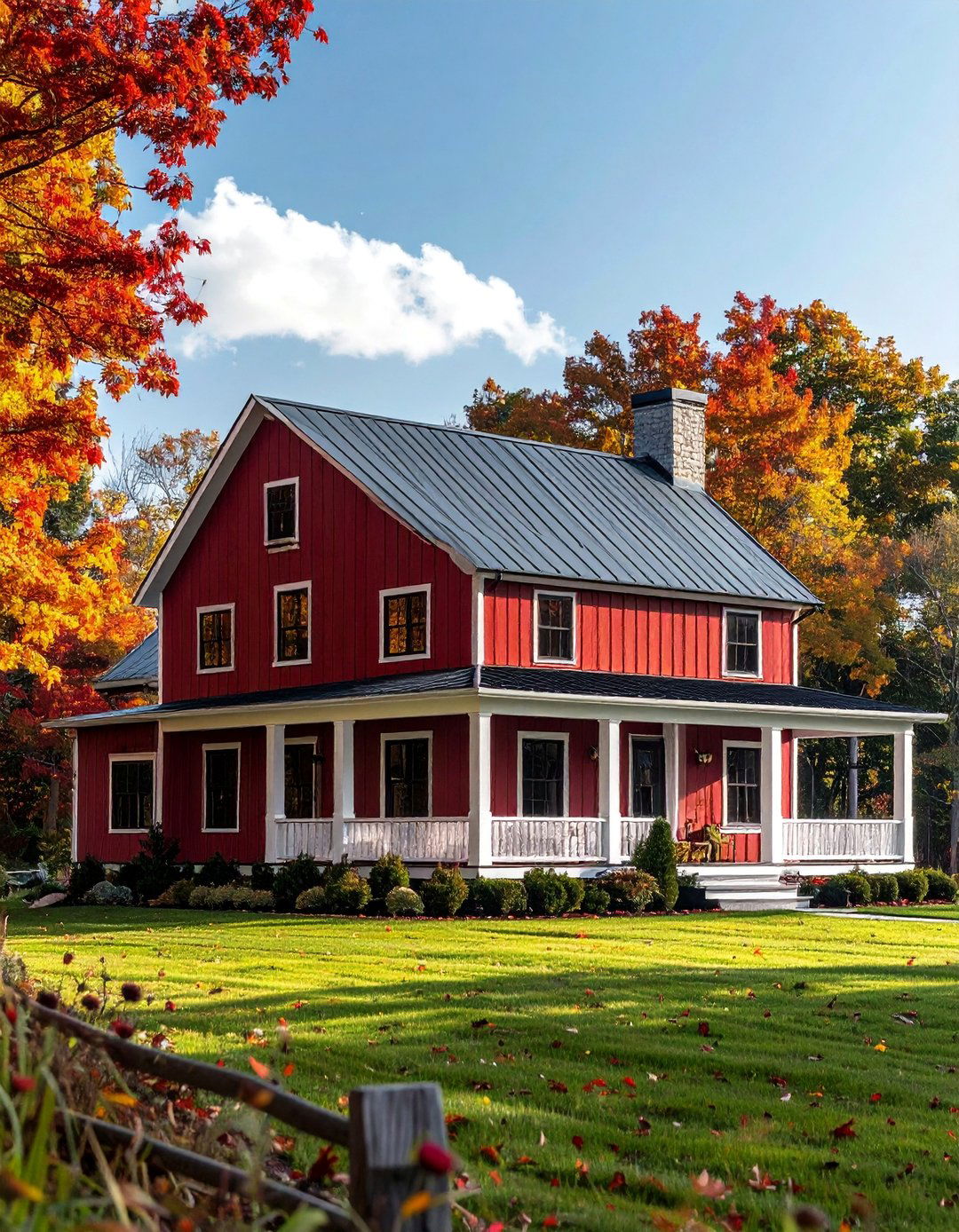 Dark Red Modern Farmhouse with a White Porch - 20 Dark Red House Exterior Ideas for Bold Homes