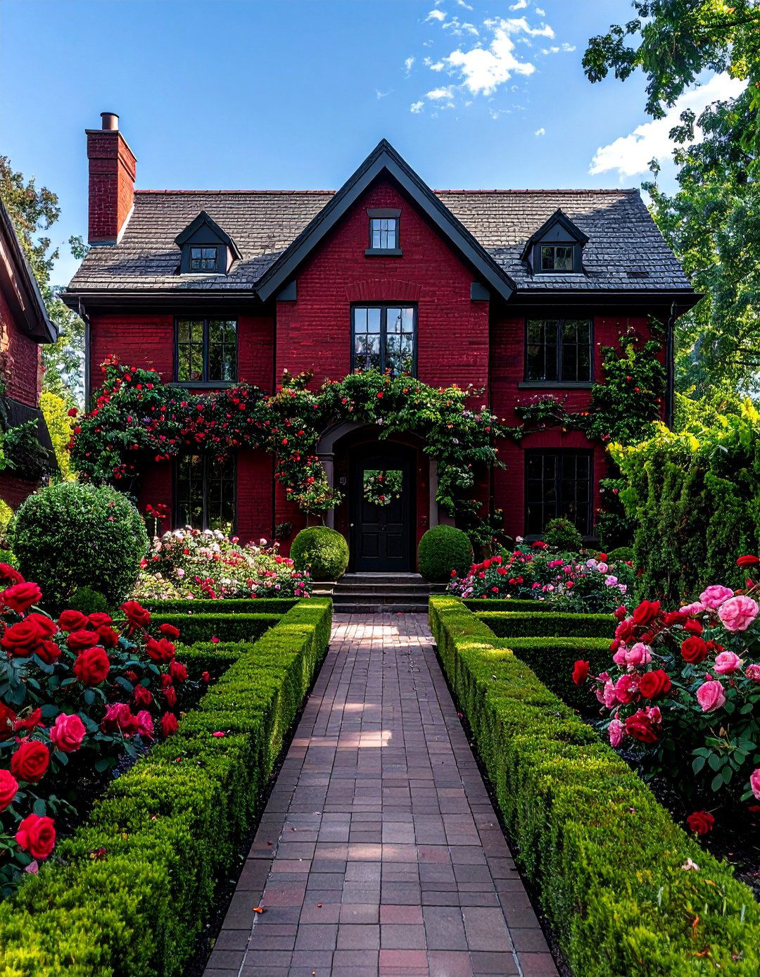 Dark Red Painted Brick with a Formal English Garden - 20 Dark Red House Exterior Ideas for Bold Homes