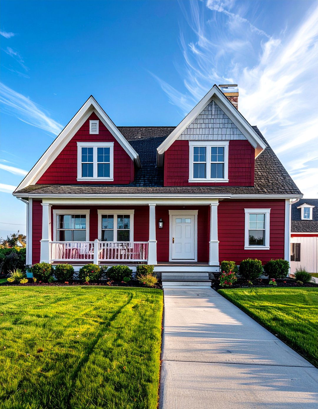 Dark Red Siding Accented by White Shaker Shingles - 20 Dark Red House Exterior Ideas for Bold Homes