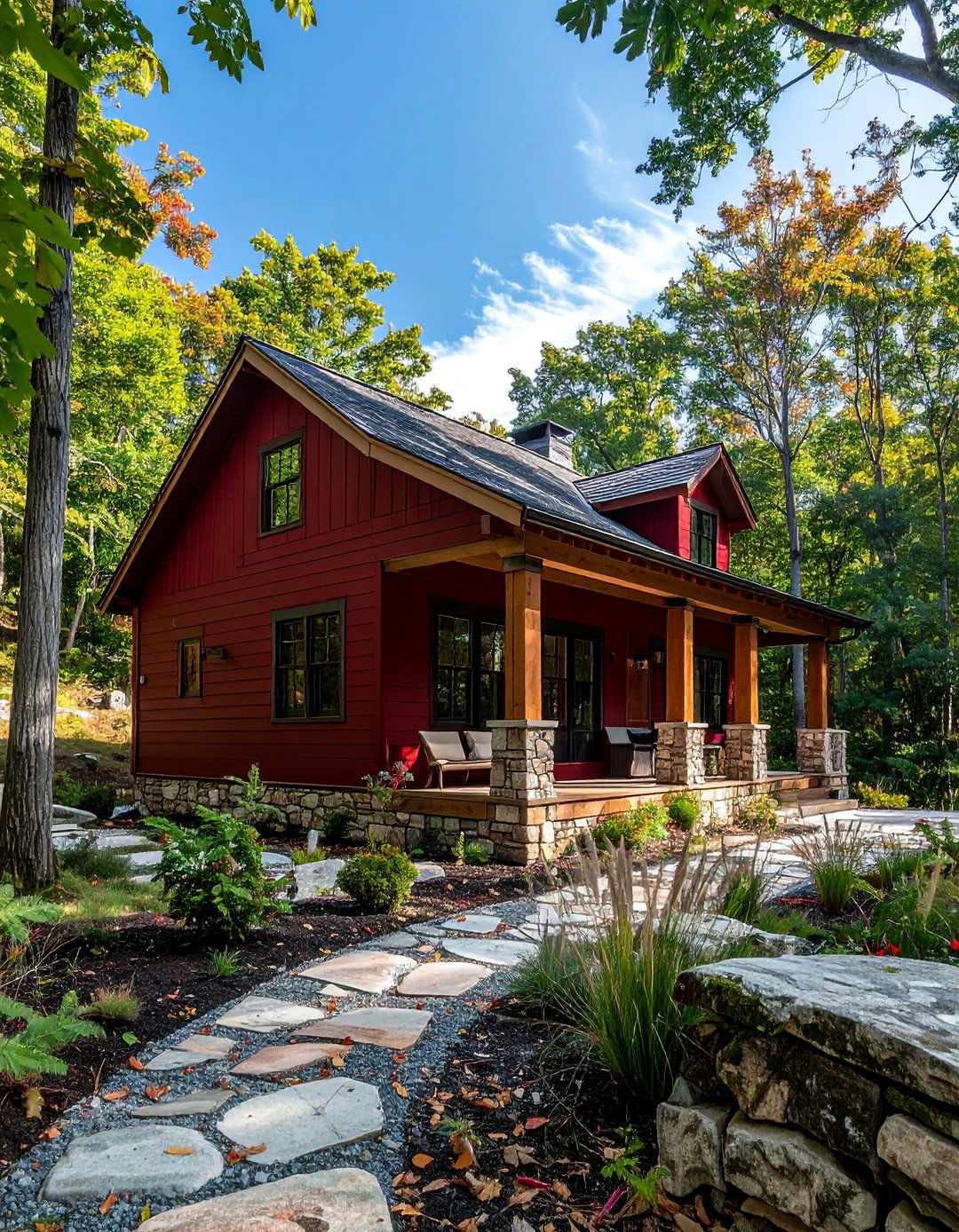 Dark Red Siding and Natural Stone Veneer - 20 Dark Red House Exterior Ideas for Bold Homes