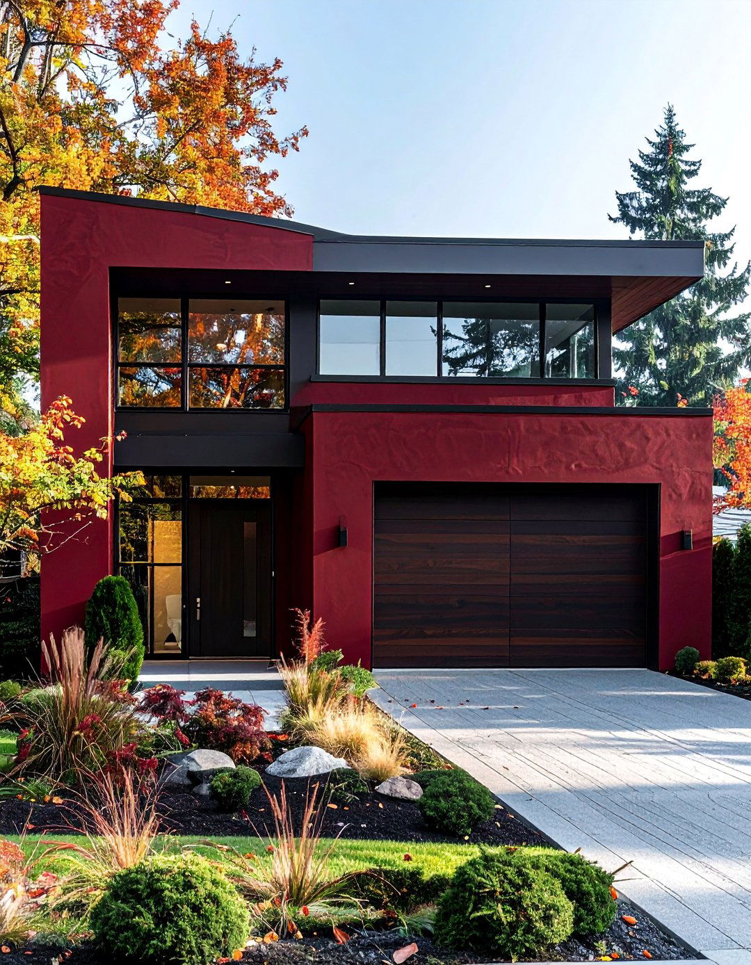Dark Red Stucco Paired with Dark Wood - 20 Dark Red House Exterior Ideas for Bold Homes