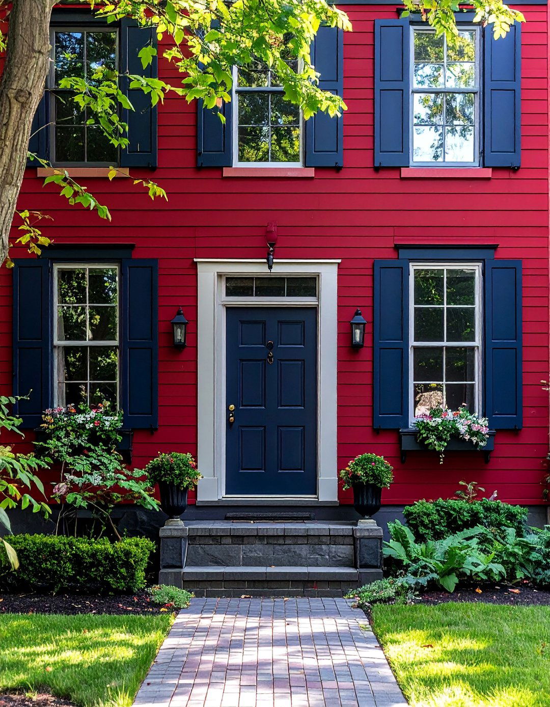 Dark Red and Deep Blue Exterior Color Scheme - 20 Dark Red House Exterior Ideas for Bold Homes