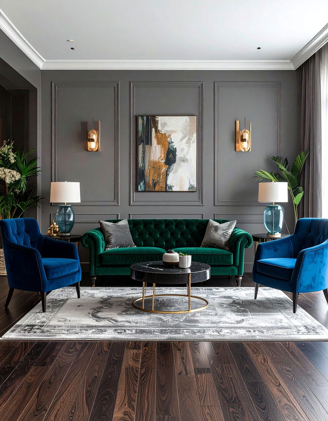 Dark Walnut Floors Paired with Jewel Toned Furniture - 20 Dark Walnut Floors for Stylish Room Designs