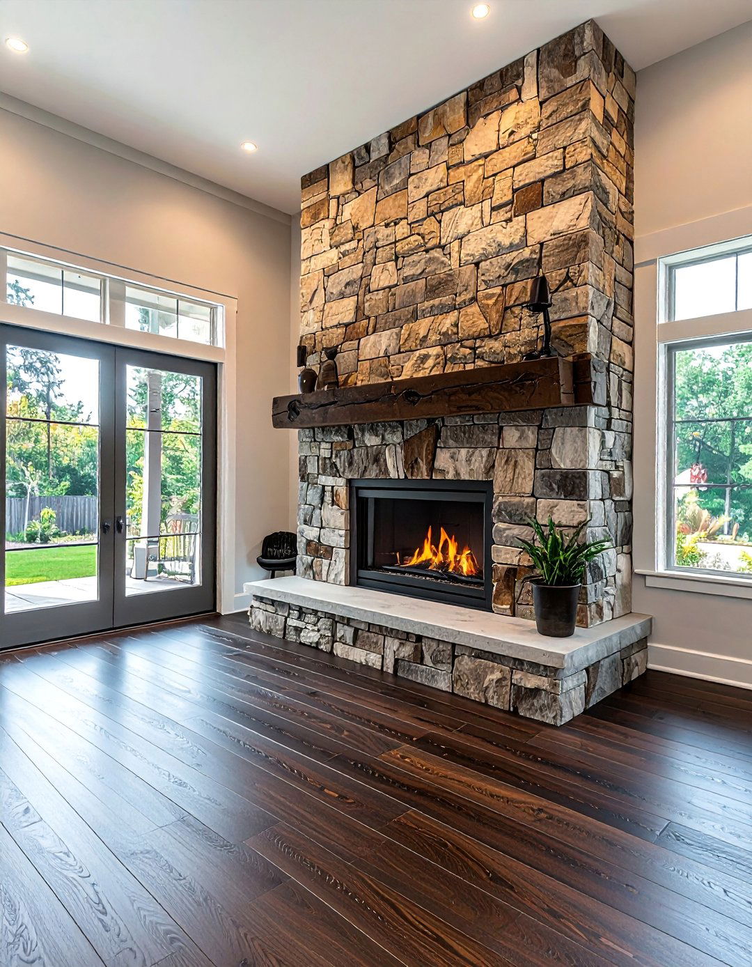 Dark Walnut Floors and a Stone Fireplace Surround - 20 Dark Walnut Floors for Stylish Room Designs