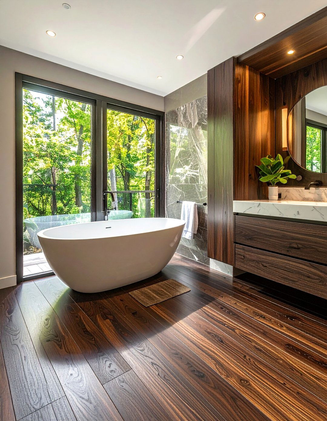 Dark Walnut Floors in a Bathroom with Marble Countertops - 20 Dark Walnut Floors for Stylish Room Designs