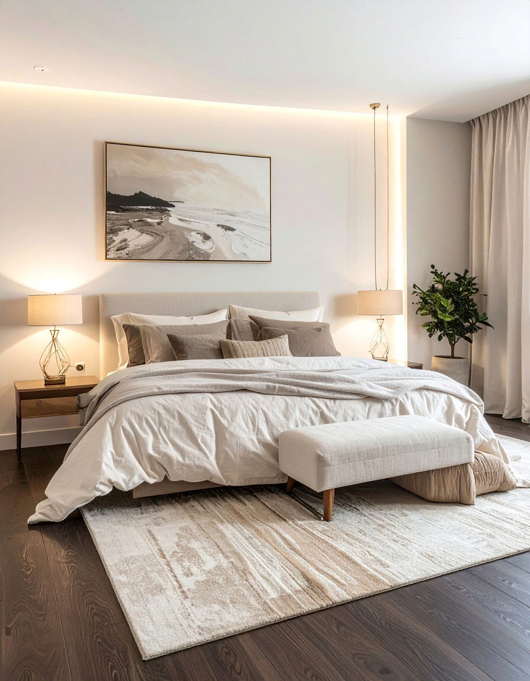 Dark Walnut Floors in a Bedroom with Neutral Bedding - 20 Dark Walnut Floors for Stylish Room Designs