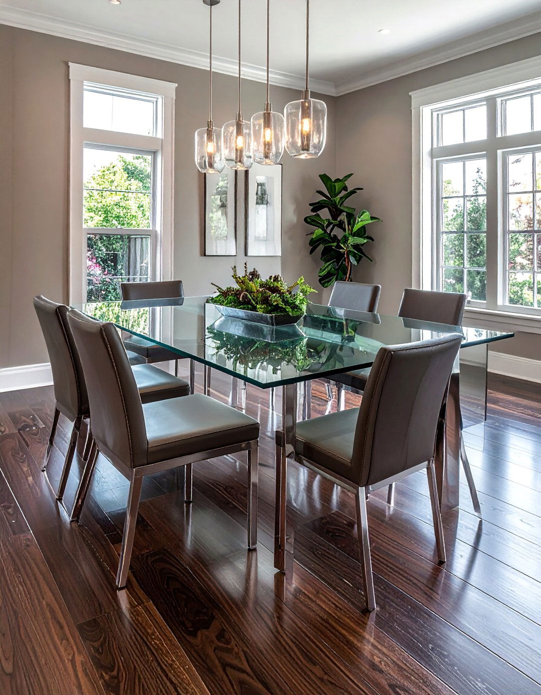 Dark Walnut Floors in a Dining Room with a Glass Table - 20 Dark Walnut Floors for Stylish Room Designs