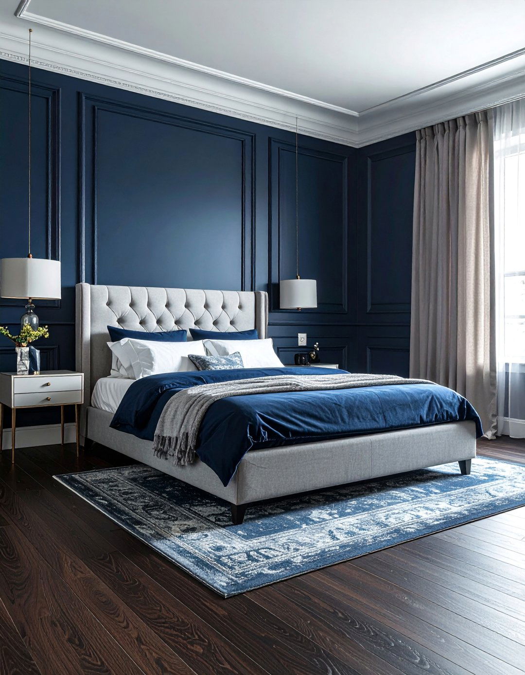 Dark Walnut Floors with Navy Blue Walls - 20 Dark Walnut Floors for Stylish Room Designs