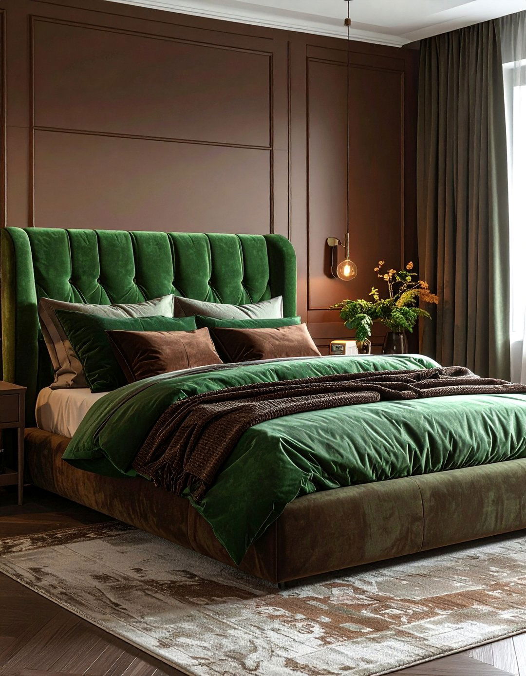 Deep Brown Paint with Moss Green Accents - 20 Green and Brown Bedroom Ideas for a Natural Look