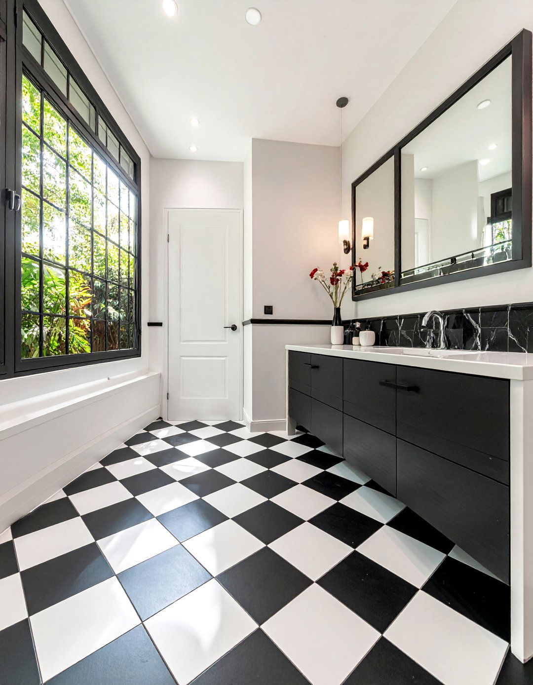 Diagonal Checkerboard Black and White Bathroom Tile - 20 Black and White Bathroom Tile Ideas for a Sleek Look