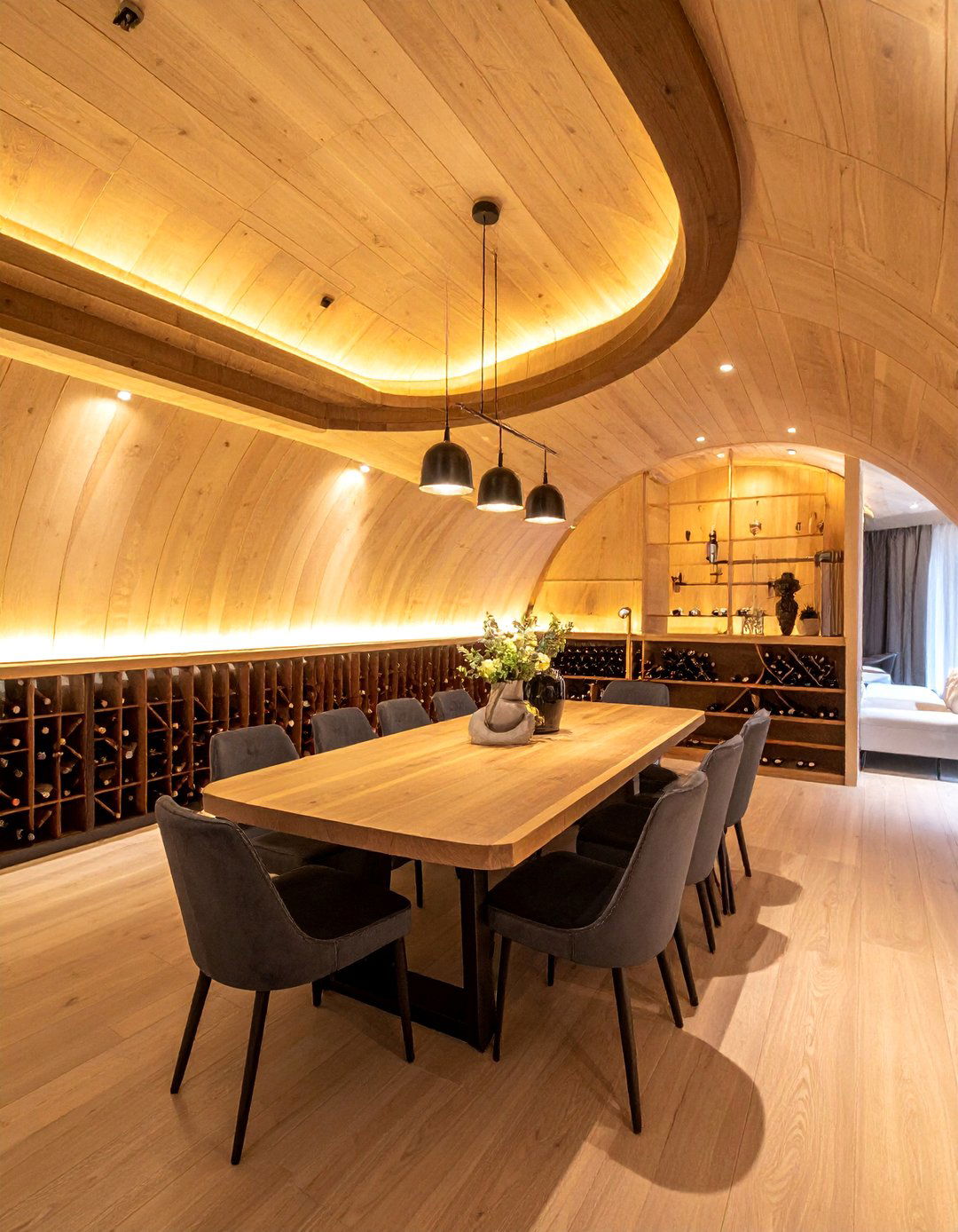 Dining Room Barrel Ceiling with Wine Storage - 20 Barrel Ceiling Ideas for a Unique Architectural Feature