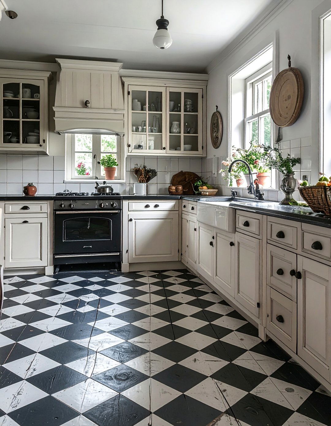 Distressed Black and White Painted Wood Checkered Floors - 25 Kitchens With Checkered Floors for Timeless Style