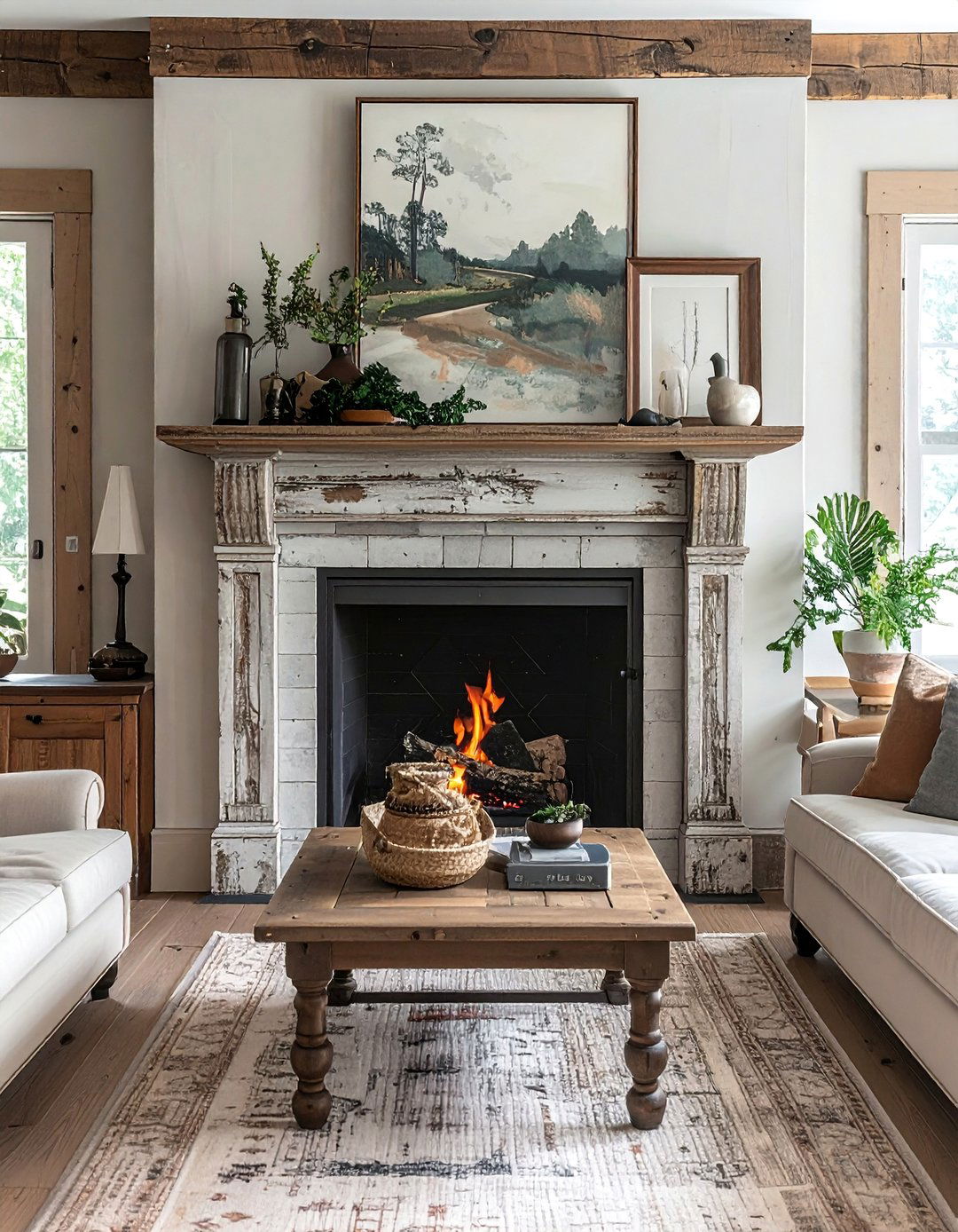 Distressed Pine Mantels - 20 Wood Fireplace Mantel Ideas for a Cozy and Rustic Ambiance