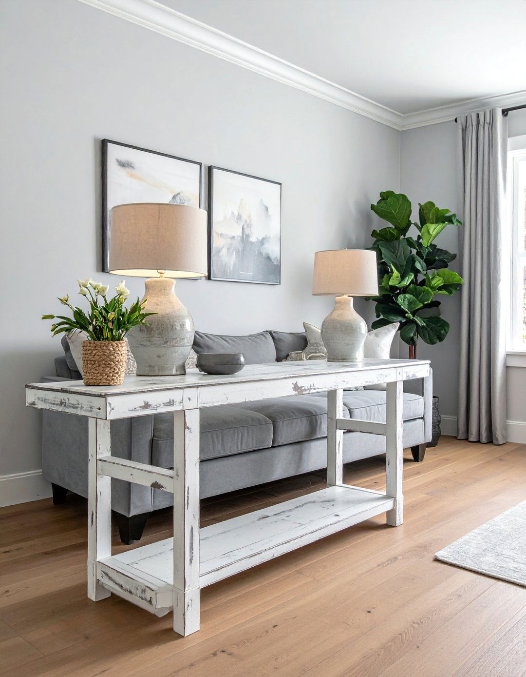 Distressed Wood Console Table - 25 Joanna Gaines Living Room Ideas for Farmhouse Style