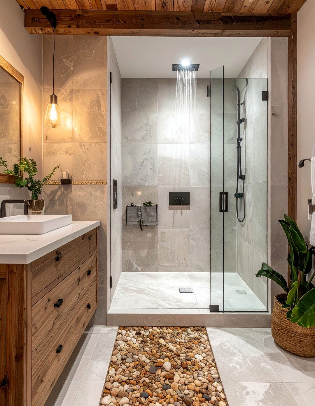 Doorless Rustic Walk in Shower for an Open Feel - 25 Rustic Walk-in Shower Ideas for a Cozy Bathroom