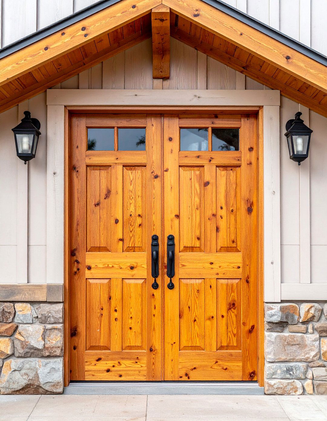 Double Knotty Pine Stained Front Door Entryway - 25 Elegant Stained Front Door Ideas for Curb Appeal