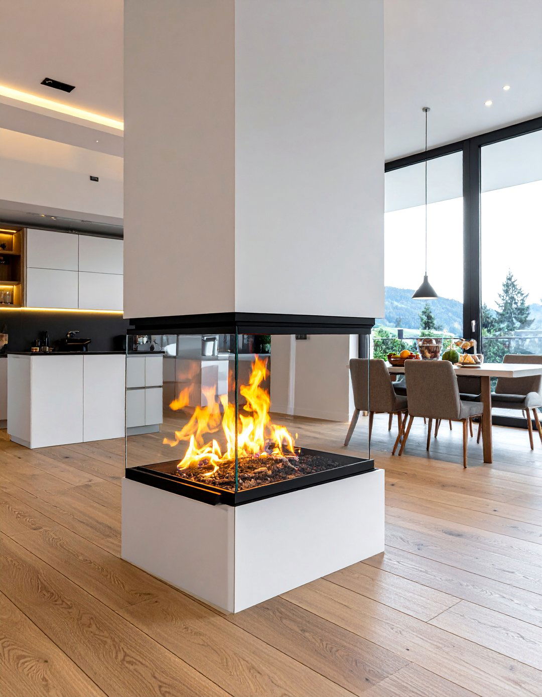 Double Sided Kitchen Fireplaces - 25 Kitchens With Fireplaces for Cozy Cooking Spaces