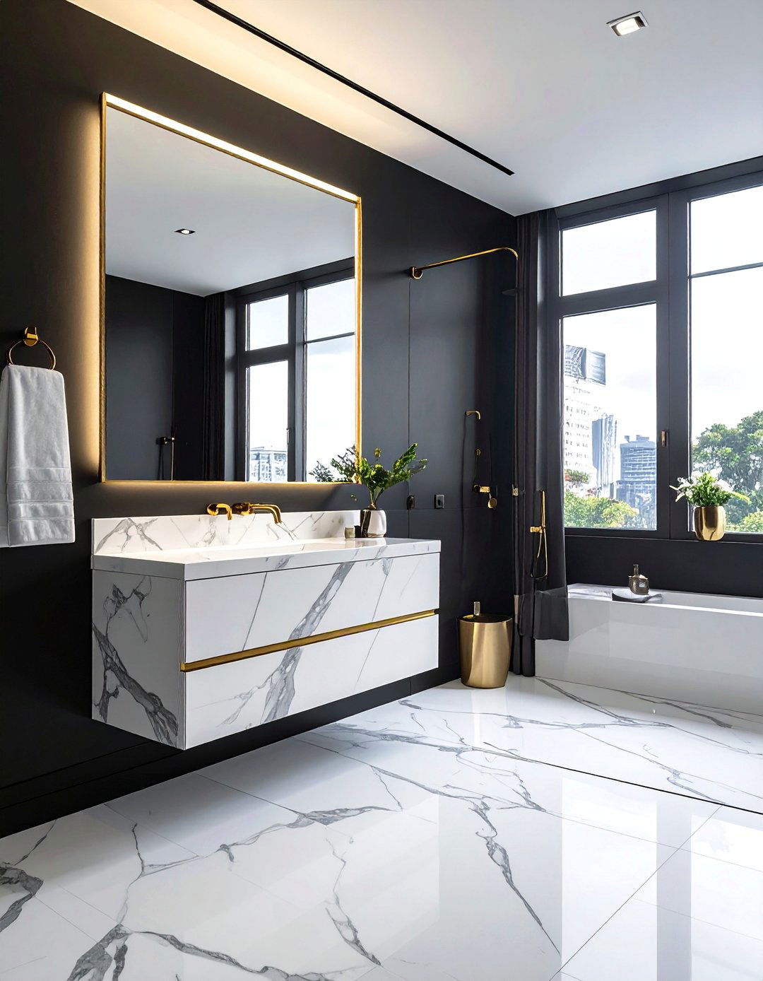 Dramatic Black Wall and White Marble Vanity - 20 Black and White Powder Room Ideas for Modern Homes