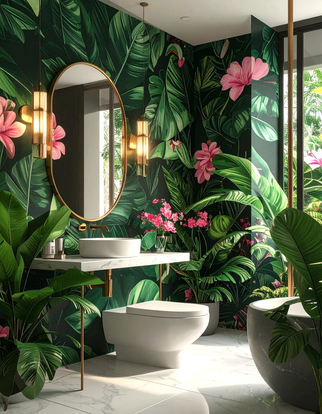 Dramatic Full Wall Botanical Wallpaper - 20 Luxury Powder Room Ideas for a Chic Space