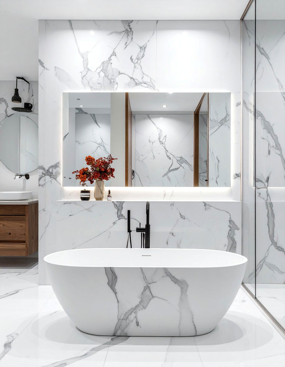 Dramatic Veined Marble Features - 20 Luxury Marble Bathroom Ideas for a Spa-Like Retreat