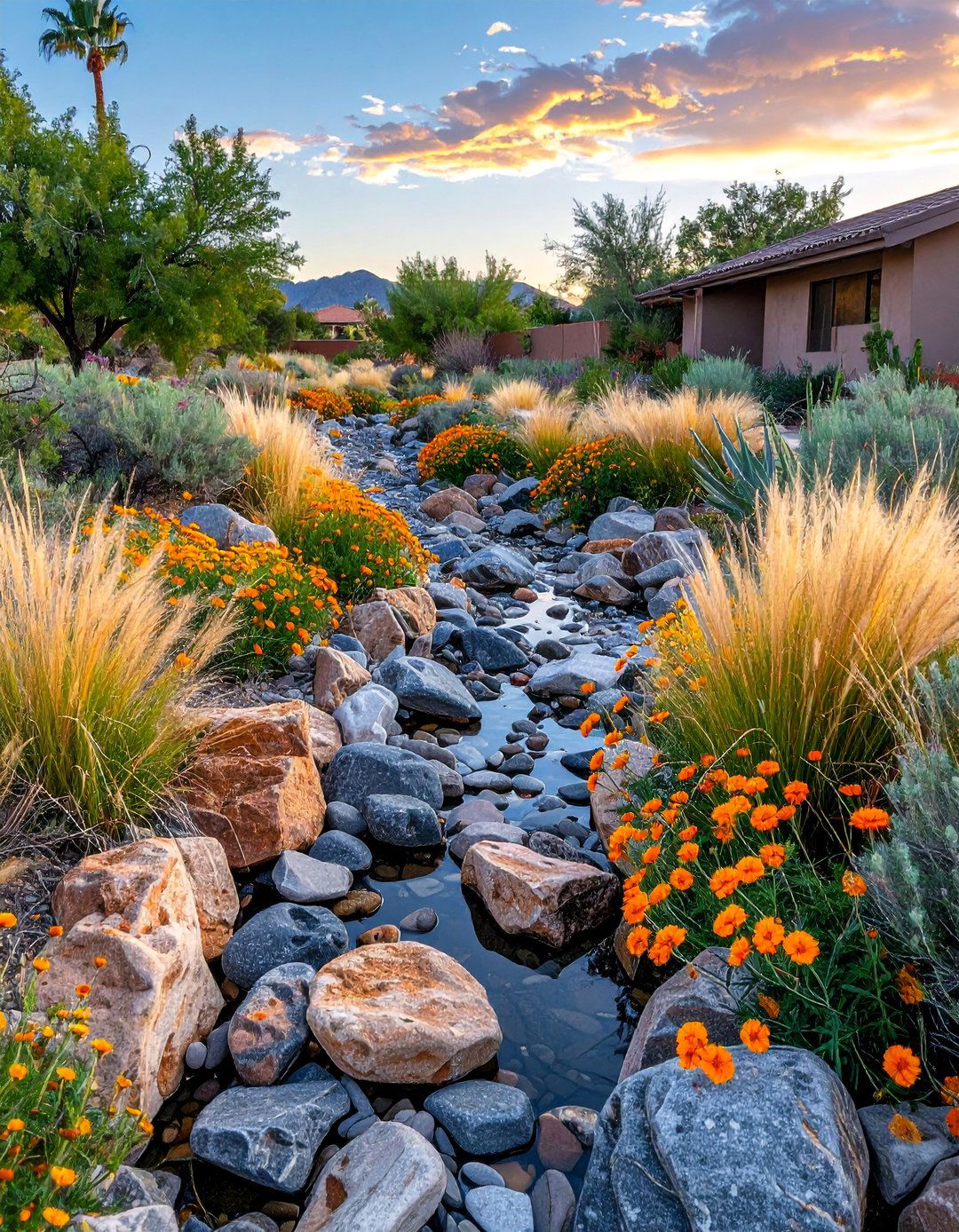 Dry Creek Bed for Natural Drainage - 20 Southwest Landscaping Ideas for Your Front Yard