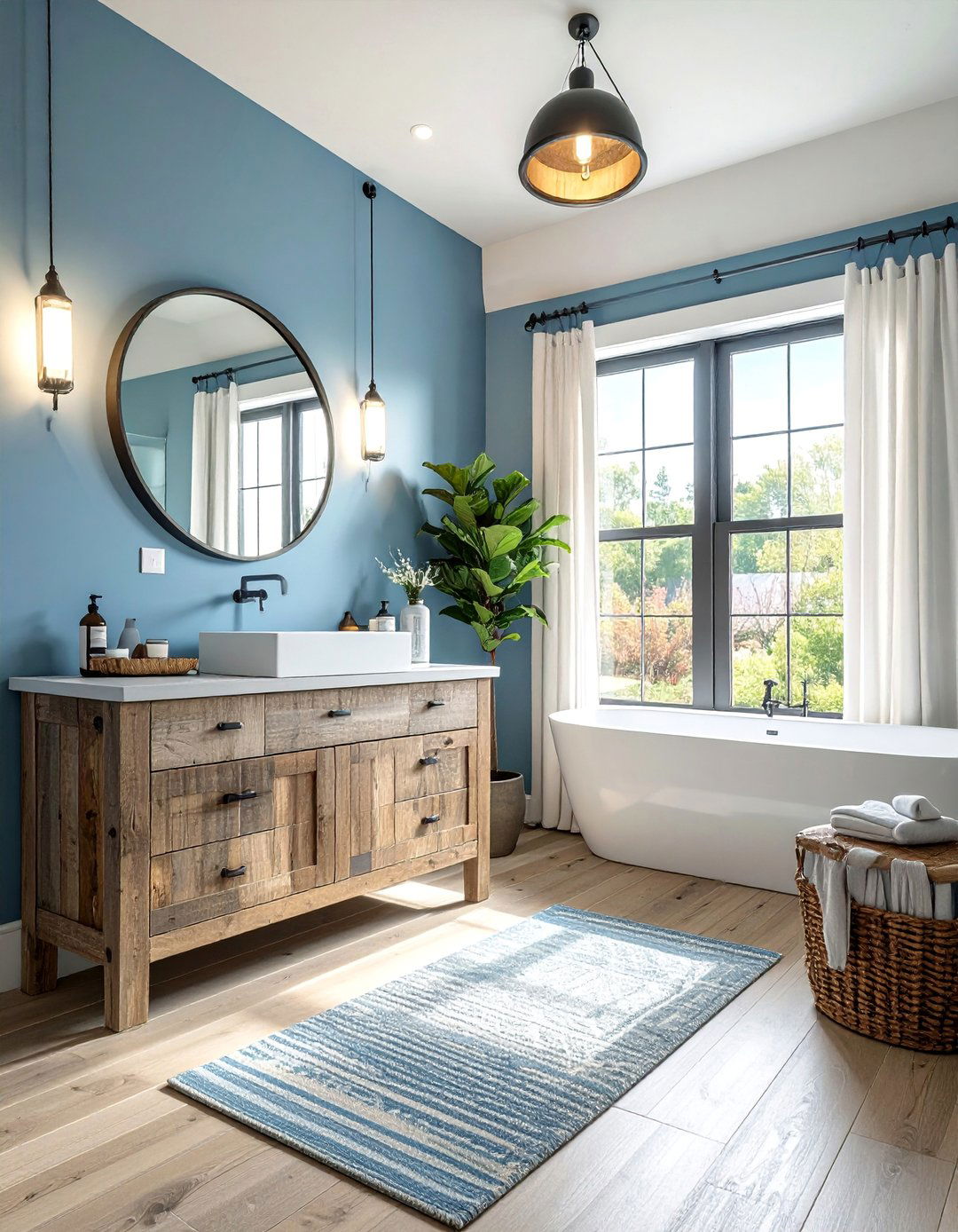Dusty Blue Powder Room with Rustic Wood - 20 Blue Powder Room Ideas for a Fresh and Serene Space