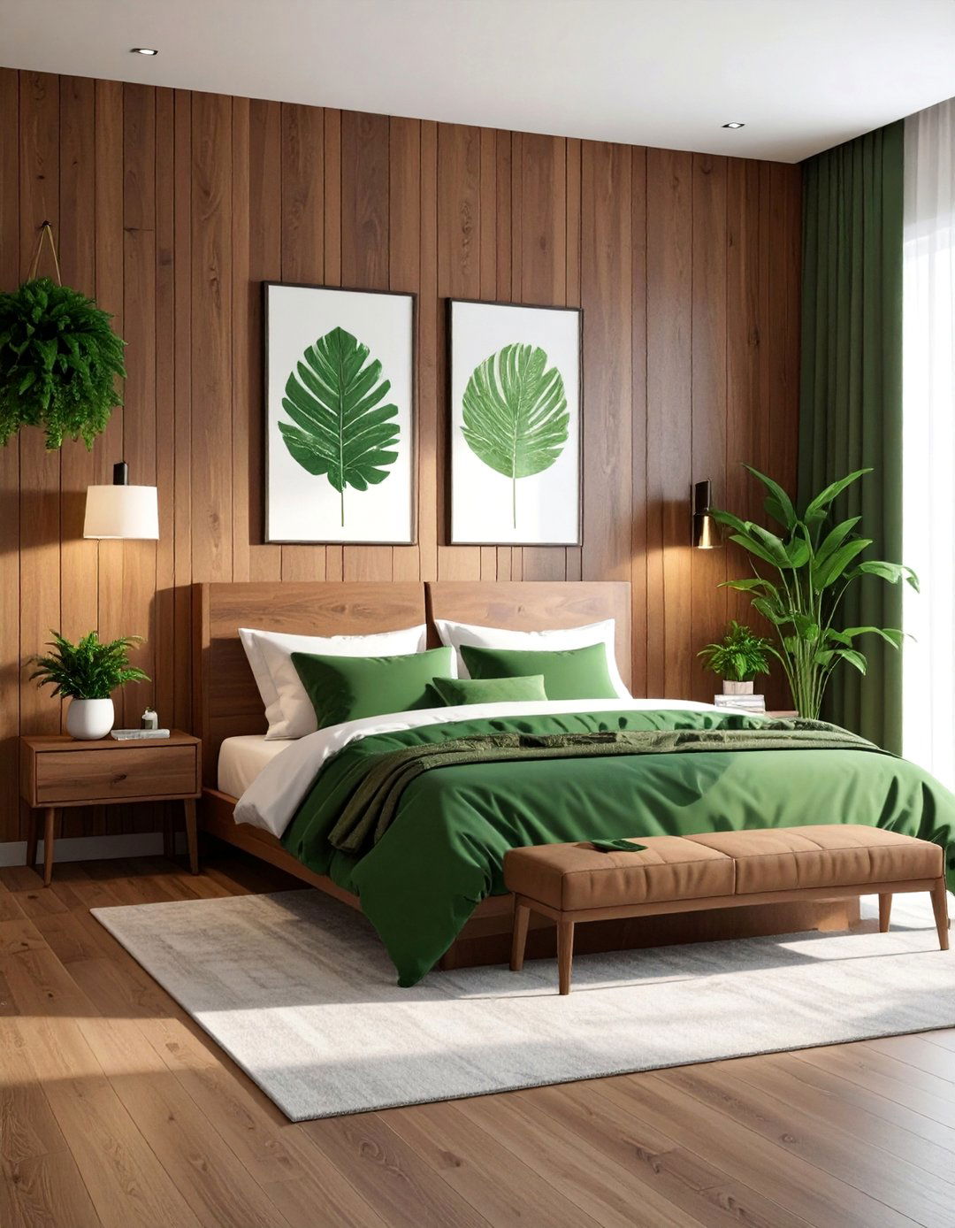 Earthy Brown Wall Paneling and Green Botanical Prints - 20 Green and Brown Bedroom Ideas for a Natural Look