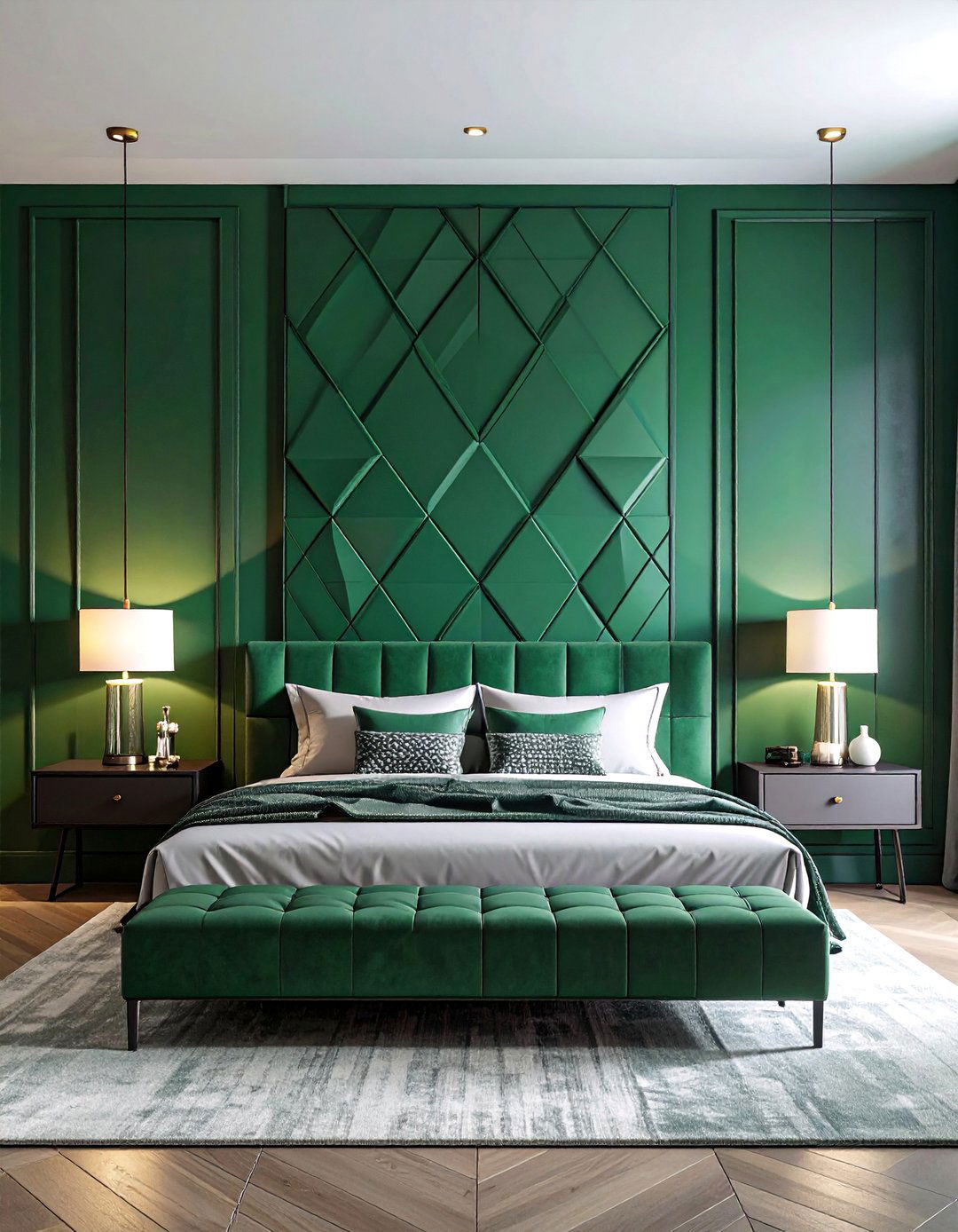Emerald Green Geometric Panelling - 20 Green Panelling Bedroom Ideas for a Fresh Look
