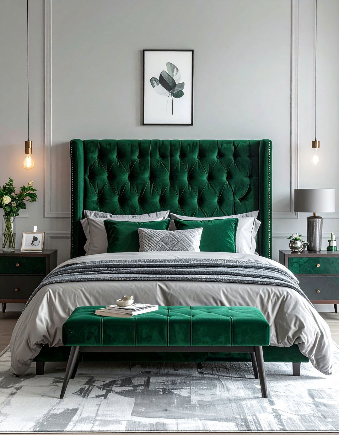 Emerald Green Headboard with Soft Grey Walls - 20 Green and Grey Bedroom Ideas for a Serene Retreat