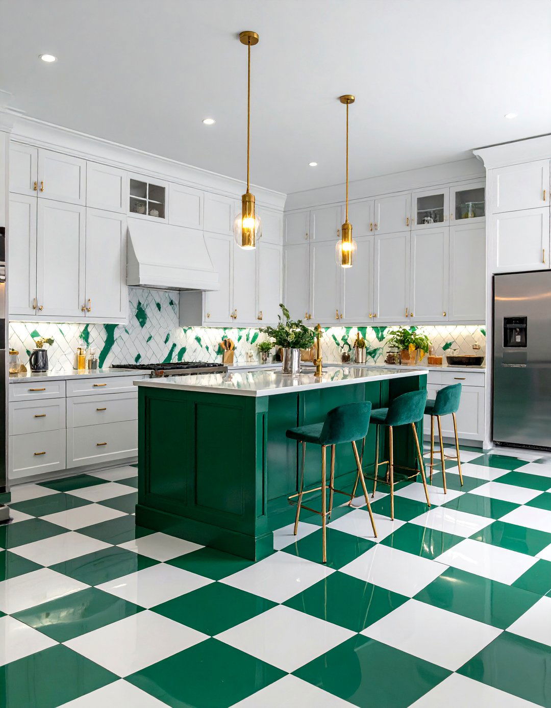 Emerald Green and White Checkered Floors - 25 Kitchens With Checkered Floors for Timeless Style