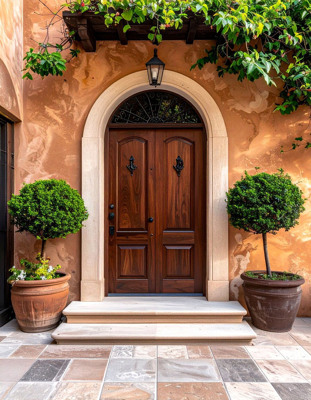Espresso Brown Front Door with Wrought Iron Accents - 15 Brown Front Door Ideas to Enhance Your Home's Curb Appeal