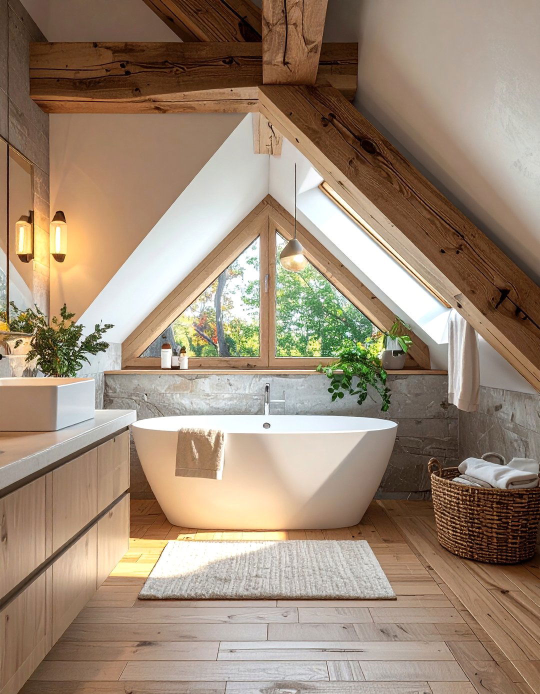 Exposed Beam Character - 15 Creative Sloped Ceiling Attic Bathroom Ideas