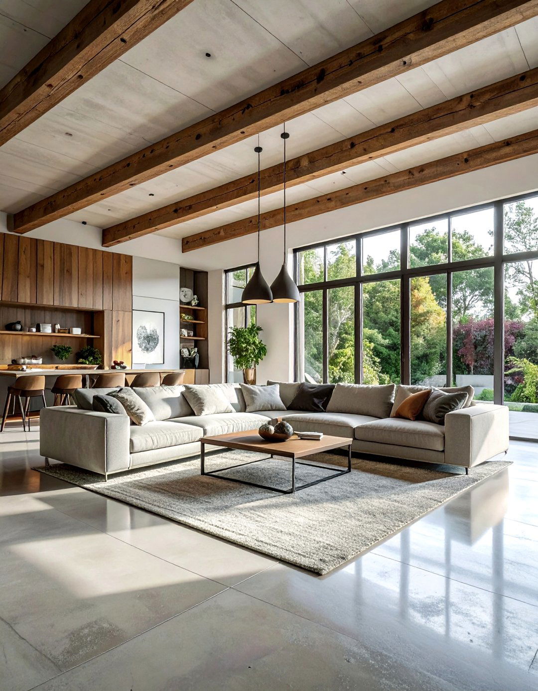 Exposed Beam Combinations - 20 Concrete Floor Living Room Ideas for Modern Homes