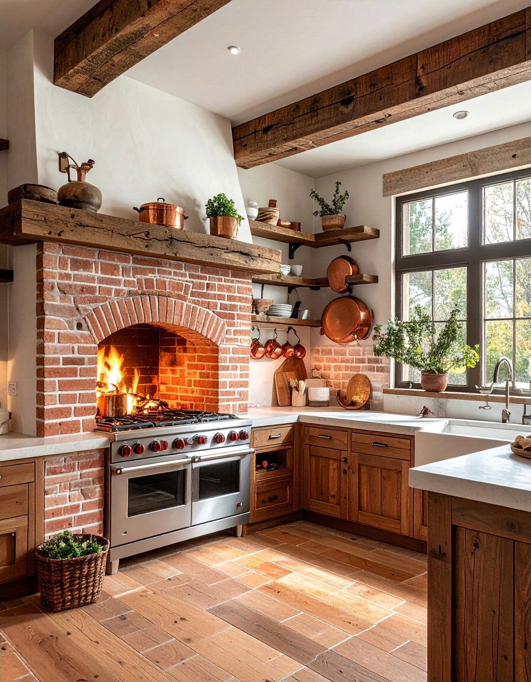 Farmhouse Brick Kitchen Fireplaces - 25 Kitchens With Fireplaces for Cozy Cooking Spaces