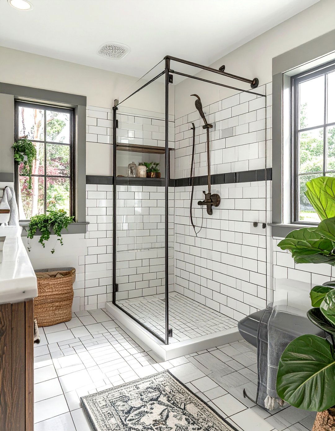 Farmhouse Inspired Walk in Shower with White Subway Tile - 25 Rustic Walk-in Shower Ideas for a Cozy Bathroom