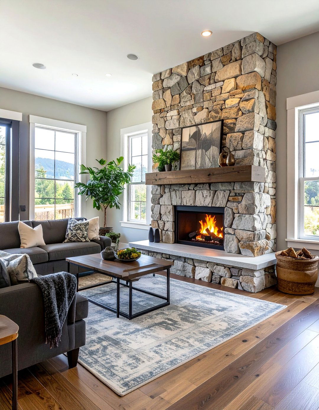 Farmhouse Mortar Washed Floor to Ceiling Stone Fireplace - 20 Floor-to-Ceiling Stone Fireplace Ideas for a Stunning Focal Point