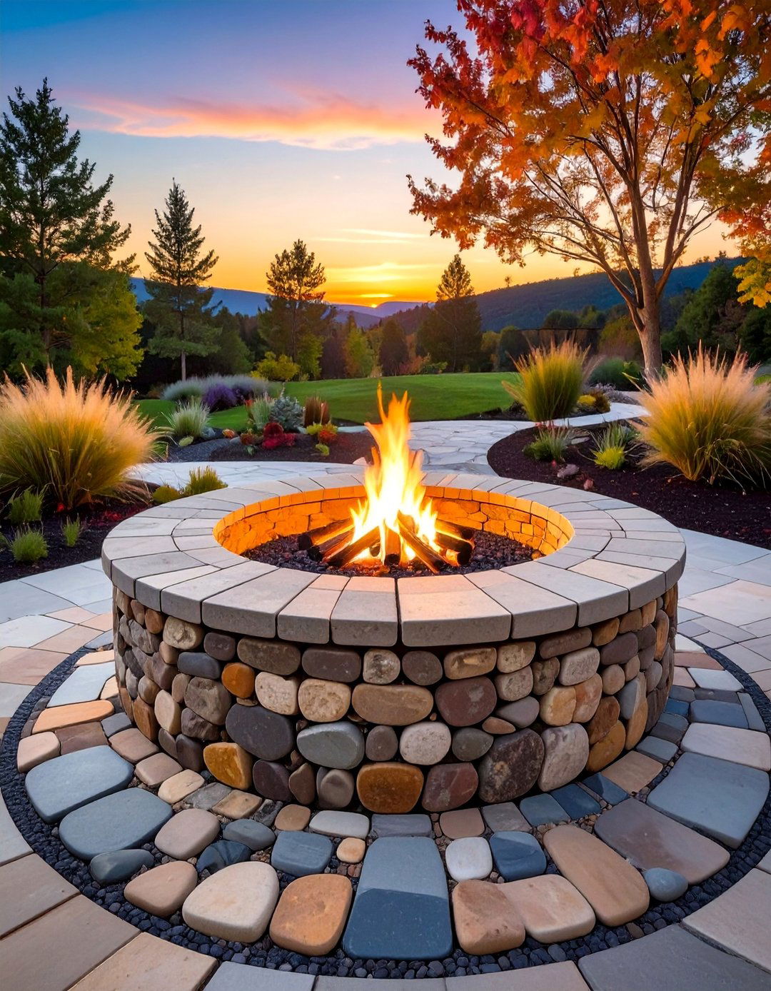Fieldstone Mosaic with Central Fire Circle - 25 Stone Patio with Fire Pit Ideas for Outdoor Fun